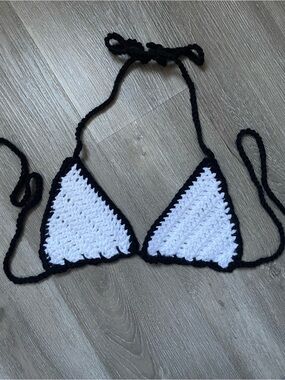 Handmade Crochet Triangle Bikini Top - White with Black Trim